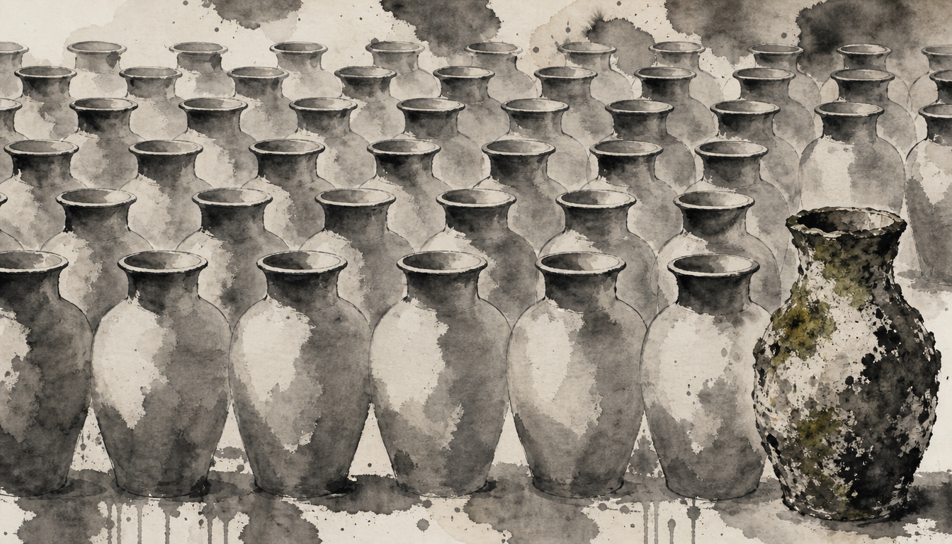 Ink illustration contrasting mass-produced decor with authentic wabi sabi meaning