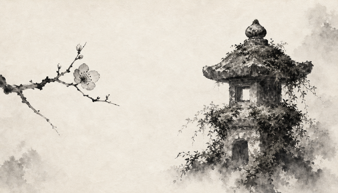 Sumi-e diptych of plum branch and mossy lantern showing the two halves of wabi sabi meaning