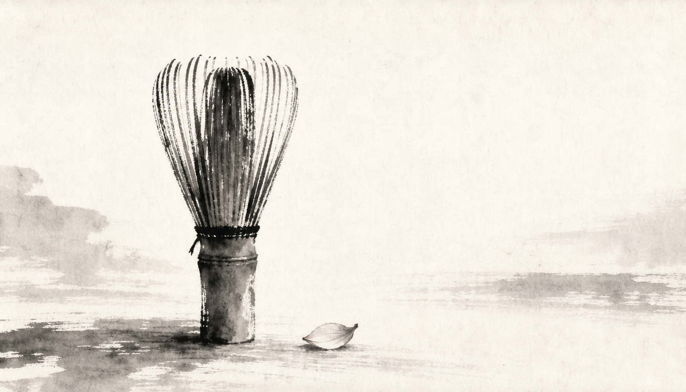 Sumi-e bamboo tea whisk representing Zen practice behind the wabi sabi meaning