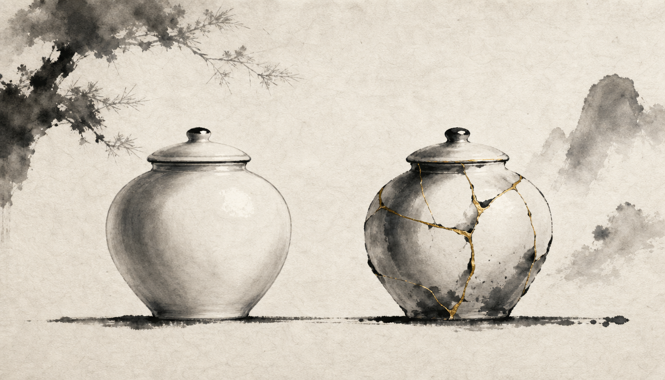 Comparison ink painting of flawless and kintsugi-repaired jars explaining wabi sabi meaning