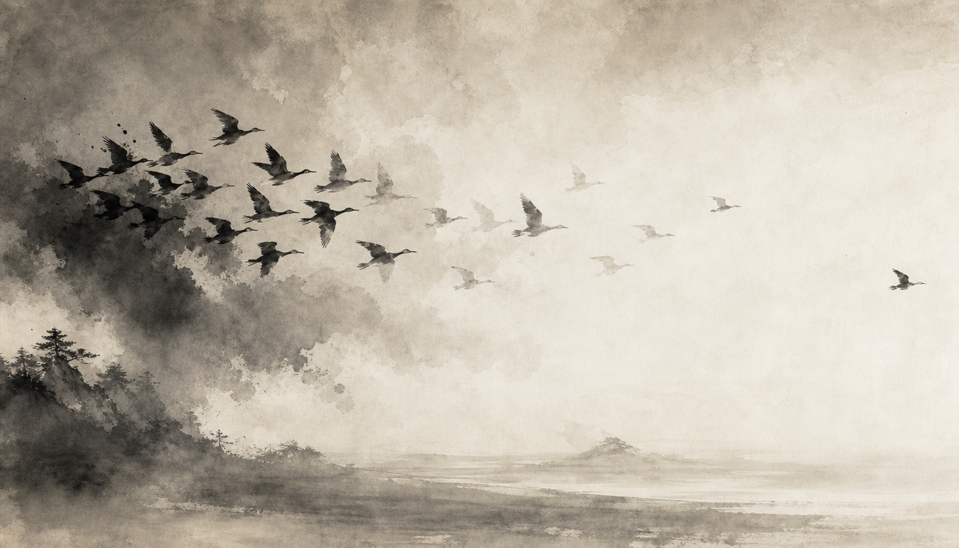 Sumi-e geese dispersing across empty sky symbolizing how wabi sabi meaning travels and changes
