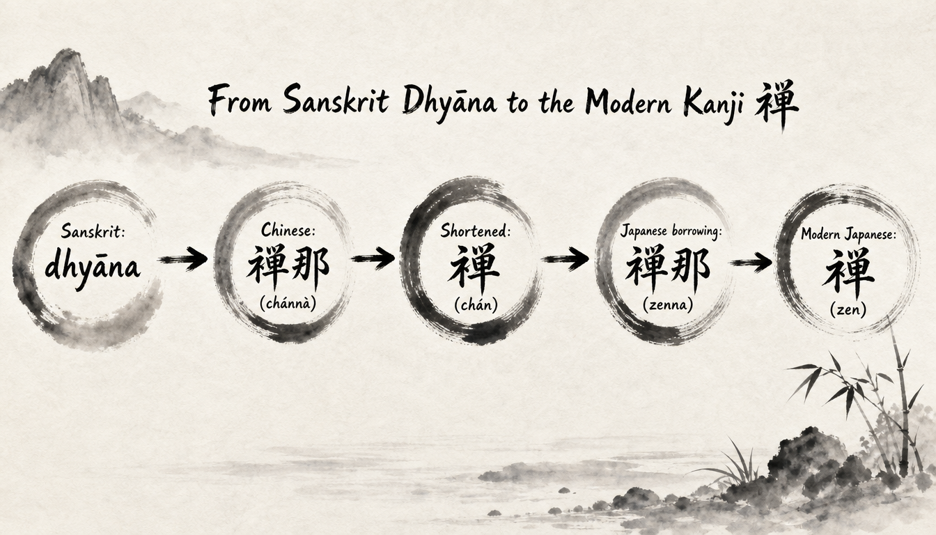 Flowchart showing the etymology of the kanji zen as a Japanese meditation symbol