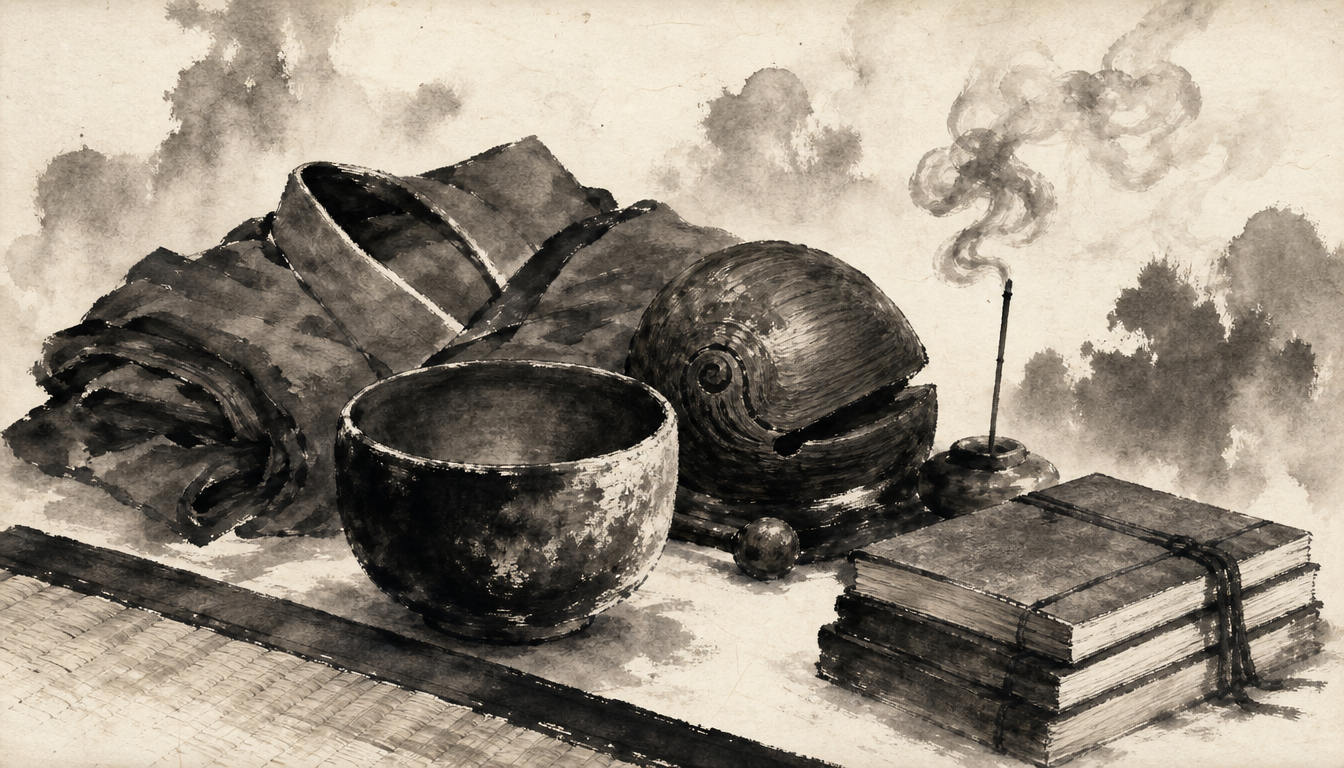 Still life of objects representing compound words built from the zen kanji
