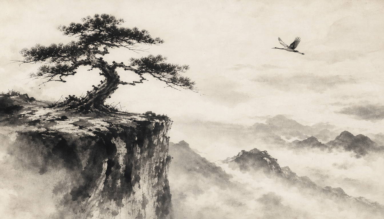 Lone pine symbolizing personal resonance with the zen kanji as a Japanese meditation symbol