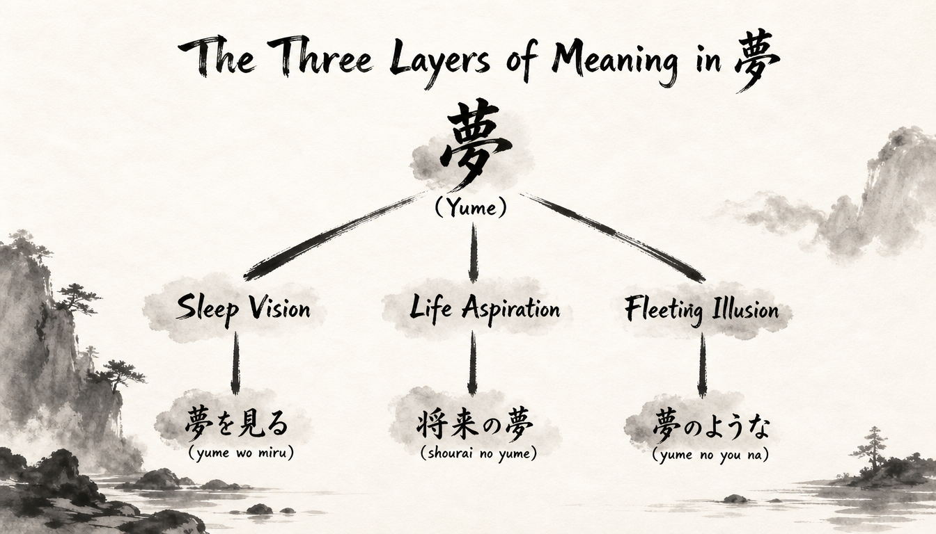 Hierarchy diagram showing the three layers of meaning for the kanji yume