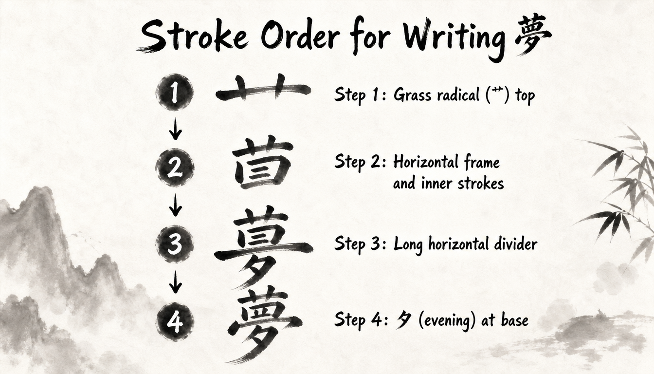 Process diagram showing the stroke order steps for writing the kanji yume