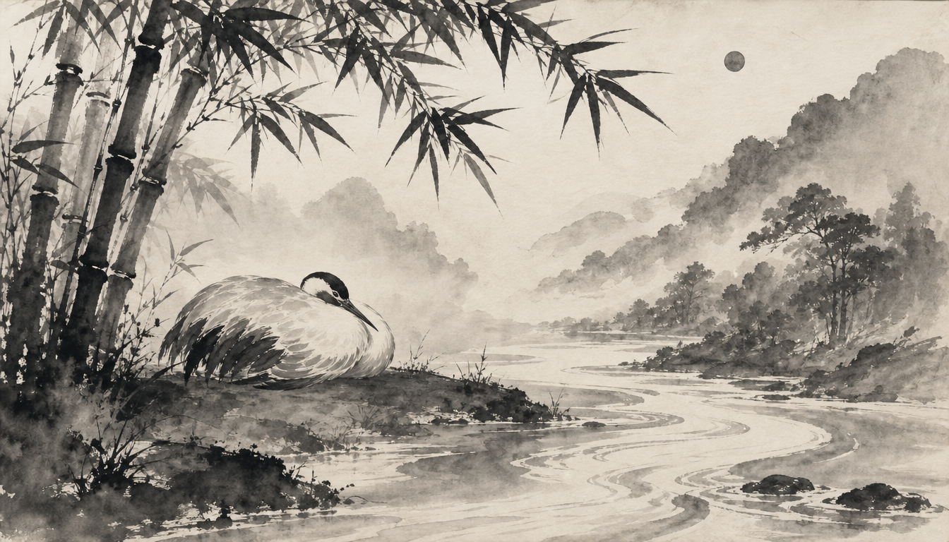 Sumi-e painting of a crane and river symbolizing the dream meaning of kanji yume