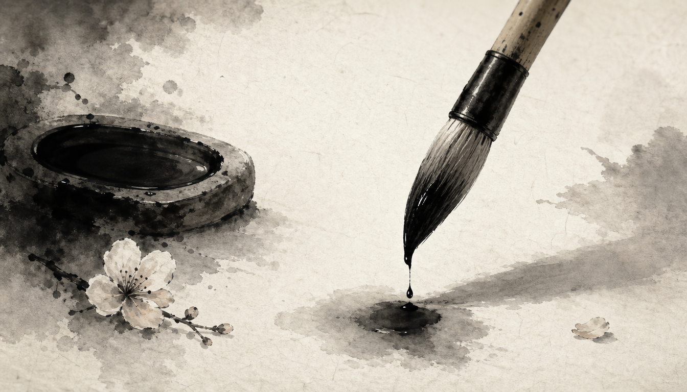 Sumi-e illustration of a calligraphy brush practicing the kanji yume stroke order