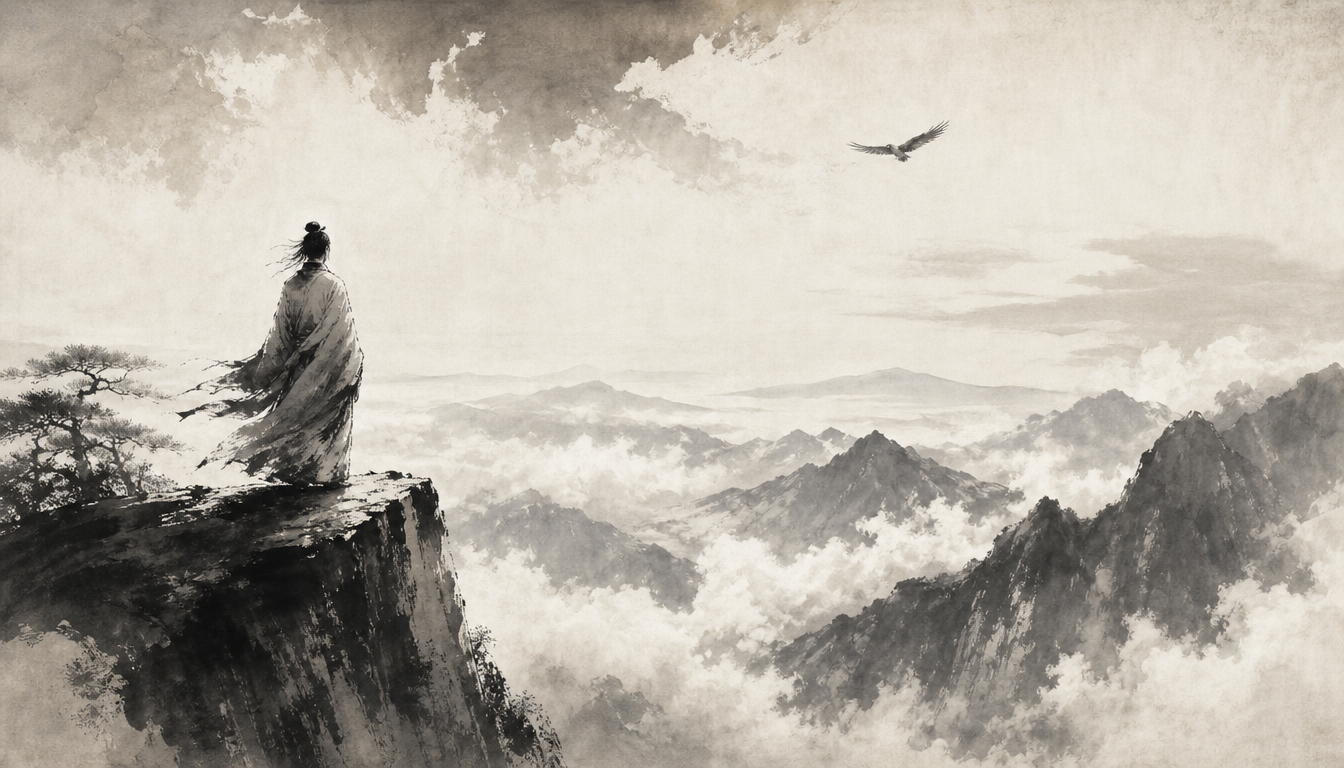 Sumi-e painting of a figure gazing toward the horizon representing the aspiration of kanji yume