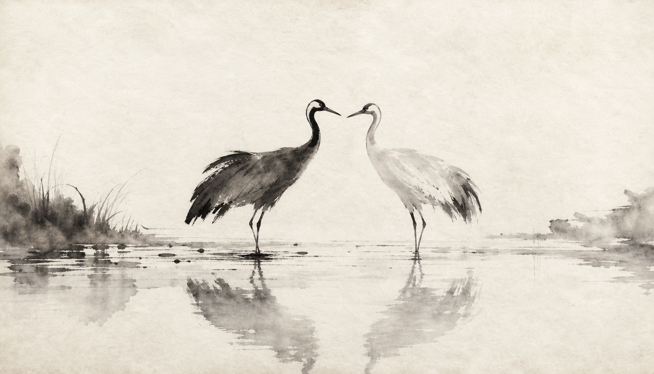 Two ink-painted cranes meeting, illustrating japanese blood type personality as an icebreaker