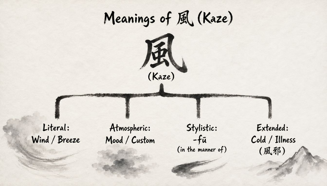 Hierarchy diagram of kanji kaze, wind kanji, kaze meaning across literal and figurative layers