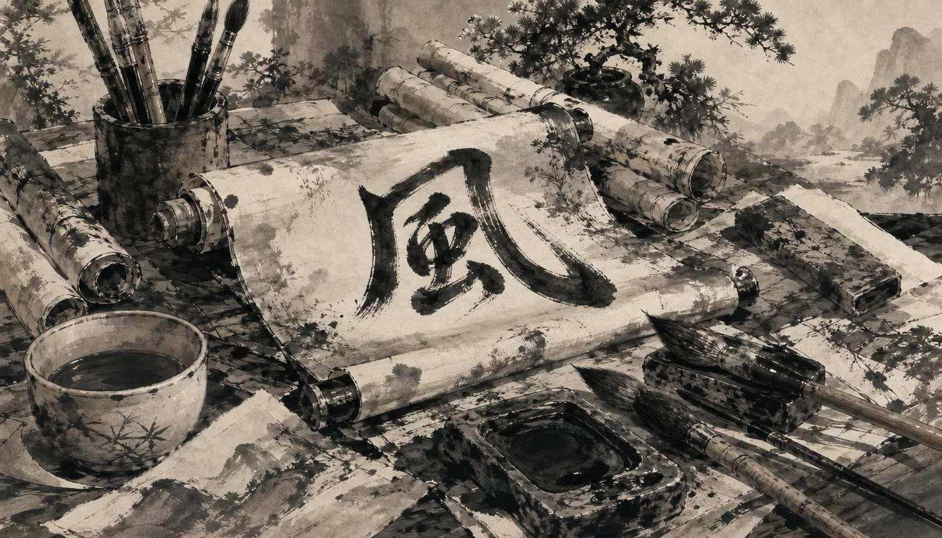 Calligrapher's tools depicting kanji kaze readings and the wind kanji