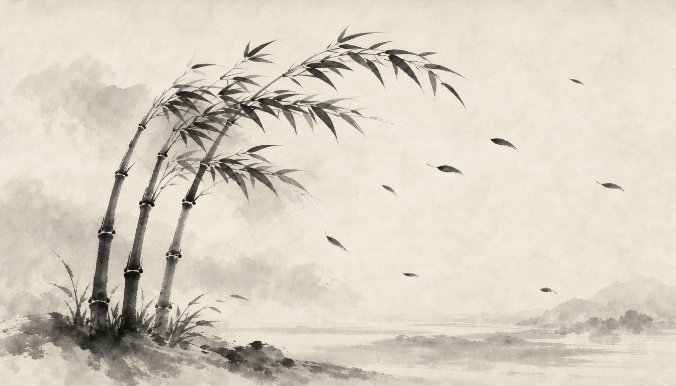 Bamboo bending in wind illustrating the wind kanji as personal symbol