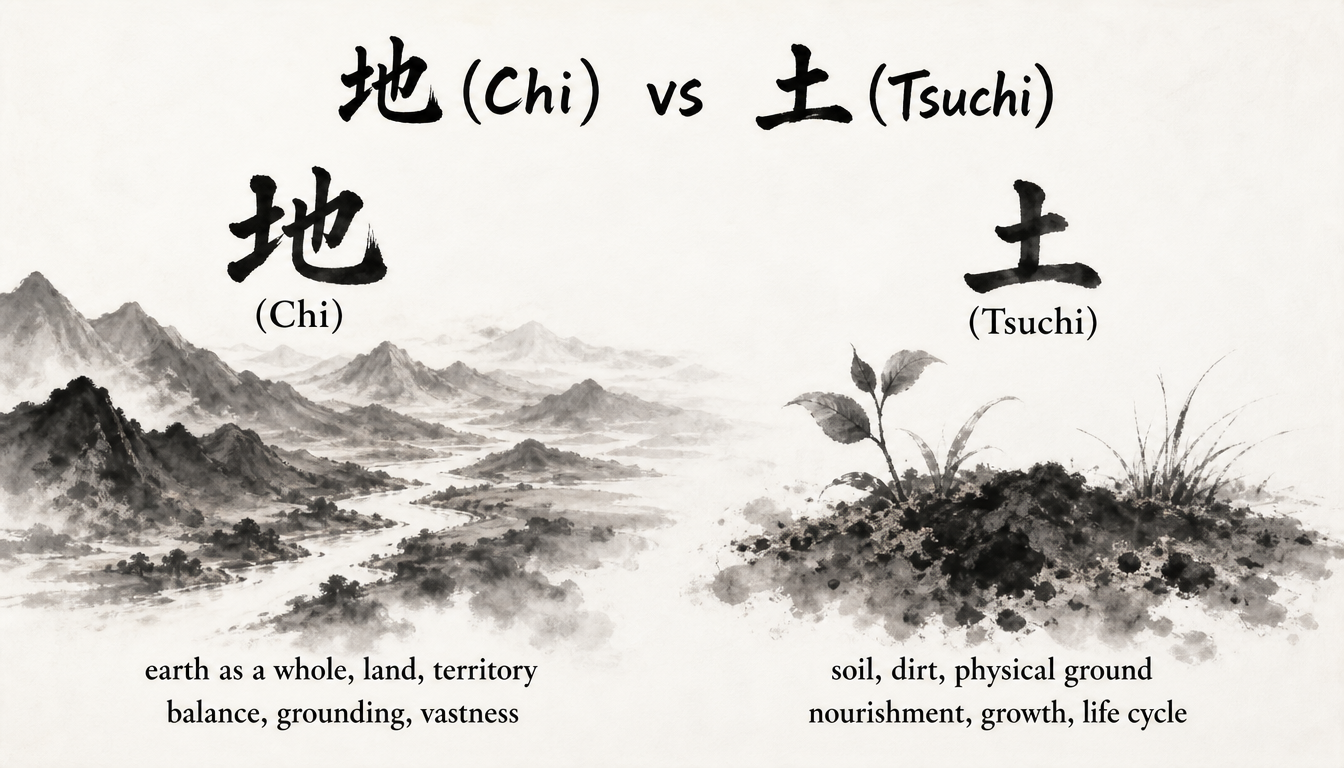 Comparison chart of kanji chi earth 地 versus tsuchi 土