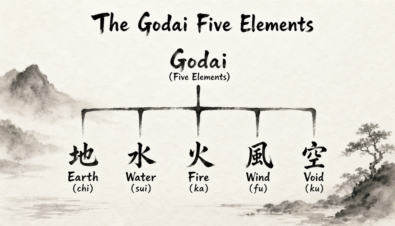 Hierarchy of the godai five elements featuring the kanji chi earth 地