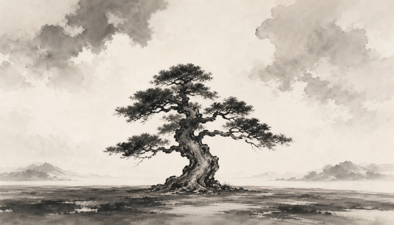 Sumi-e pine rooted in the ground symbolizing the kanji chi earth 地
