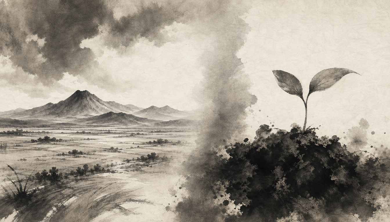Sumi-e contrast of vast land and close soil for the kanji chi earth versus tsuchi