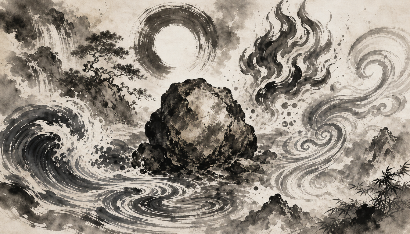 Sumi-e five elements arrangement centered on earth for the kanji chi earth 地