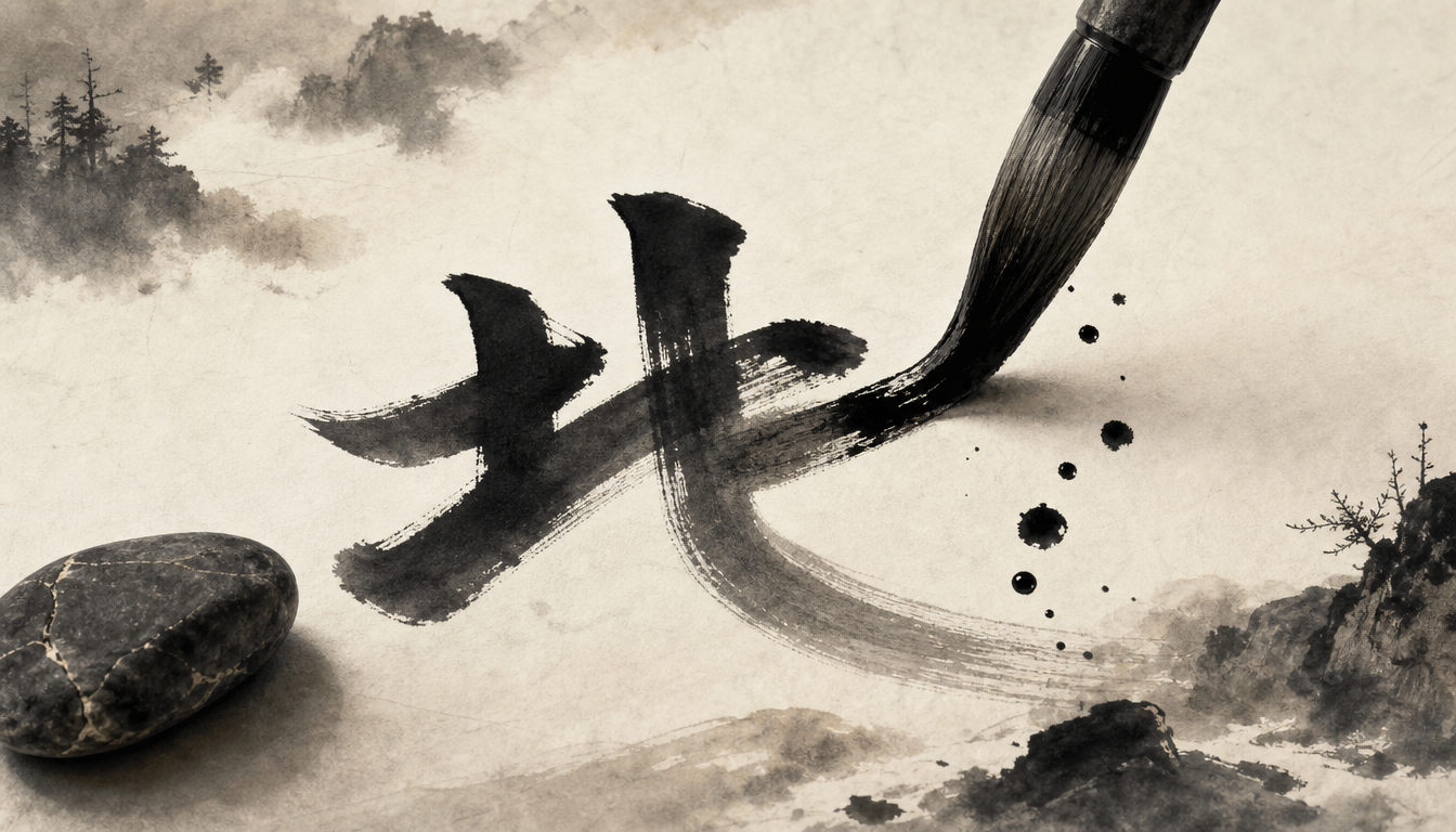 Calligraphy brush writing the kanji chi earth 地 with careful stroke order