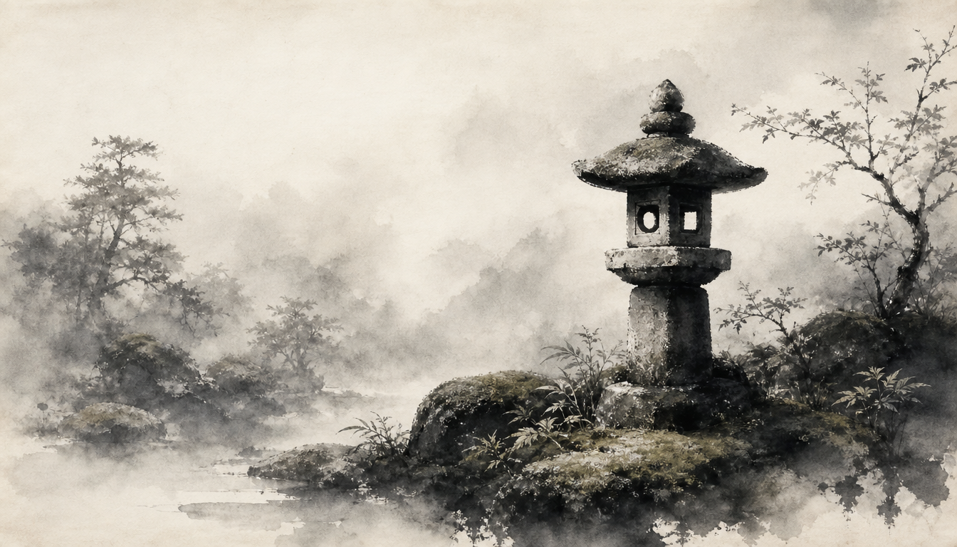 Sumi-e stone lantern symbolizing the grounding kanji chi earth 地 as a soul kanji