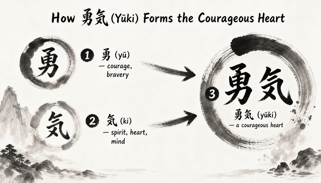 Process diagram showing the courage kanji 勇 combining with 気 to form yuuki the courageous heart