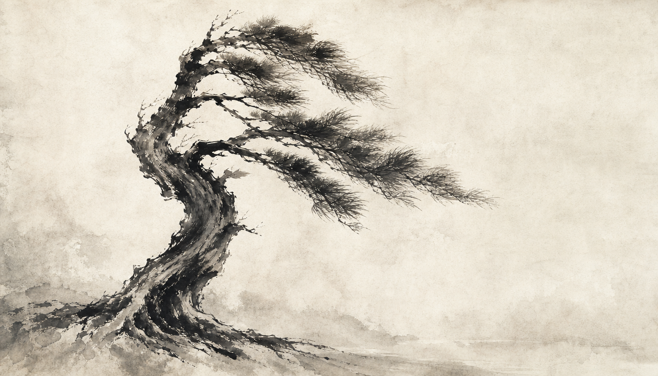Sumi-e pine tree symbolizing the steady inner strength of the courage kanji