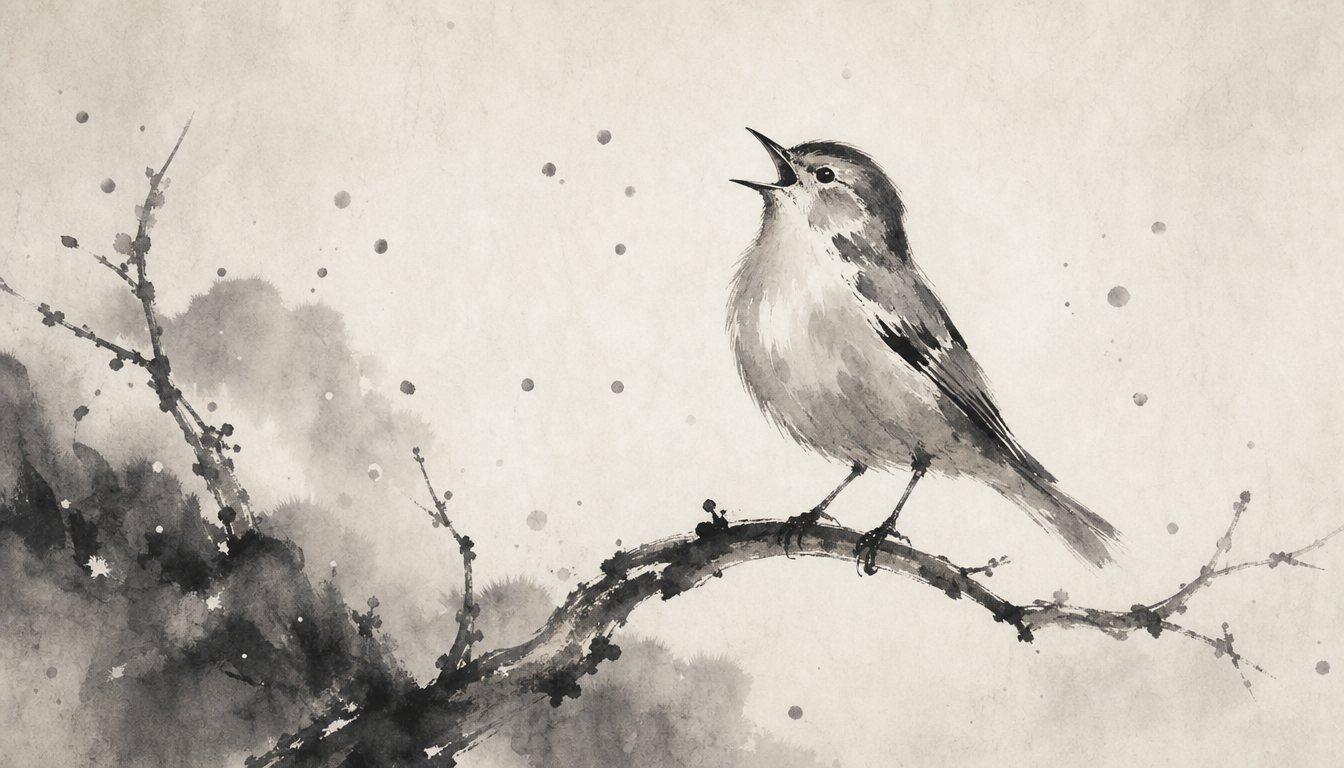 Sumi-e songbird representing yuuki the courageous heart of the courage kanji