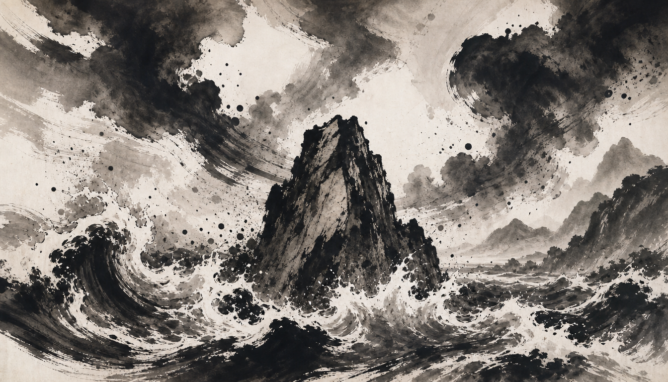 Sumi-e rock against storm waves illustrating the rising strength of the courage kanji