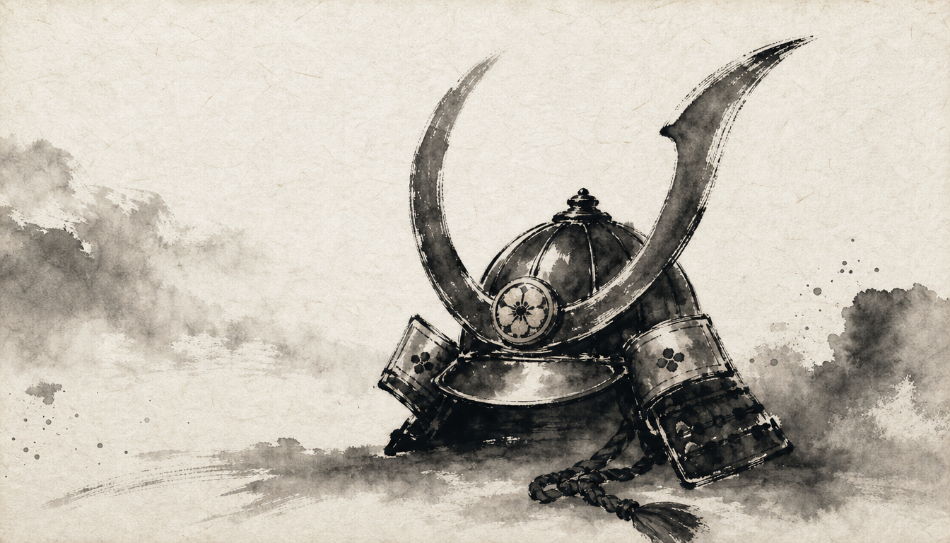 Sumi-e samurai helmet representing courage kanji as a Bushido warrior virtue