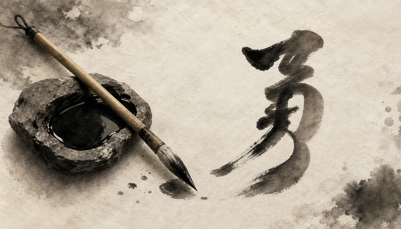 Calligraphy brush and inkstone painting the courage kanji as a personal symbol