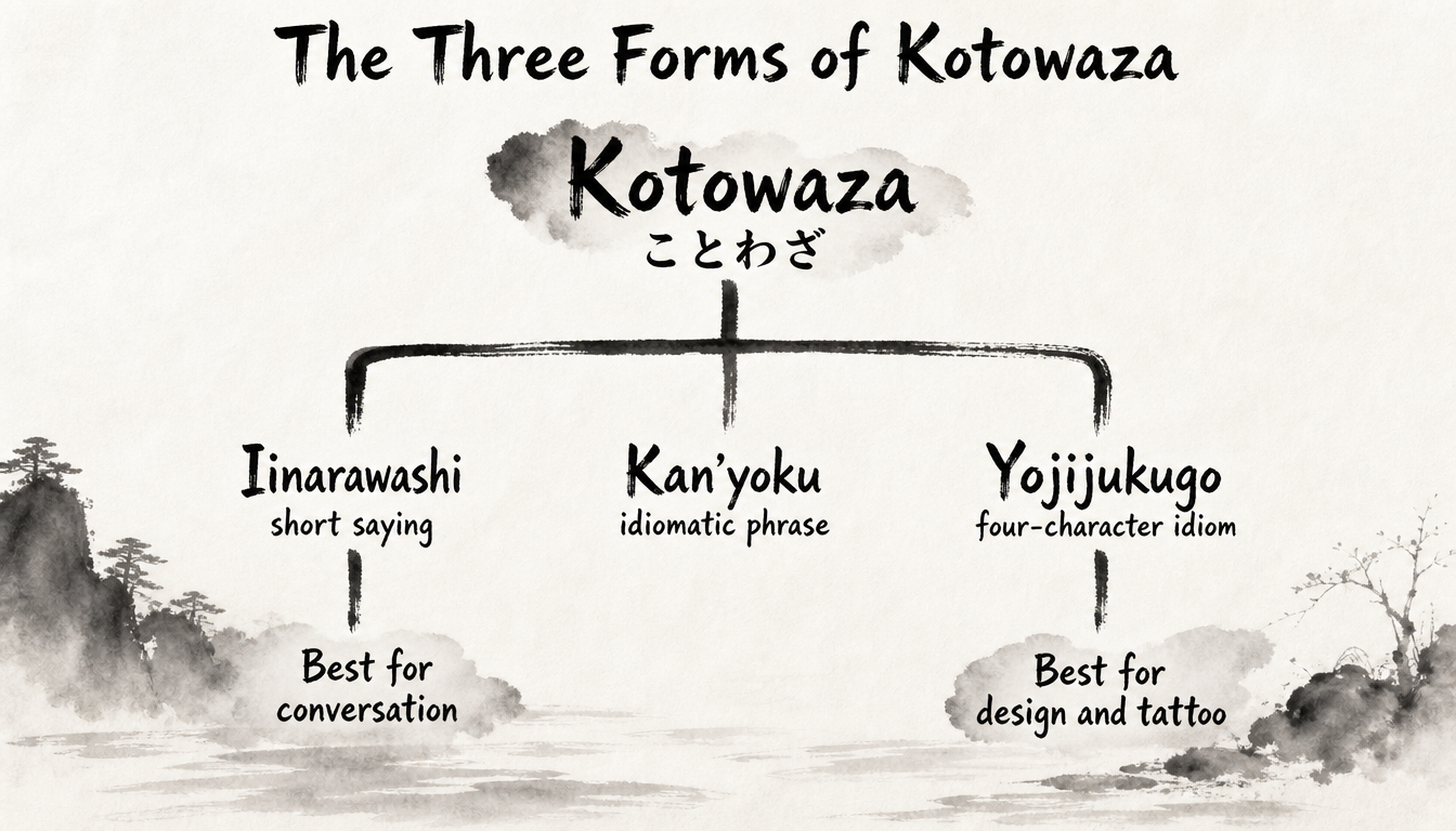 Hierarchy diagram of the three forms of japanese proverbs: iinarawashi, kan'yoku, and yojijukugo