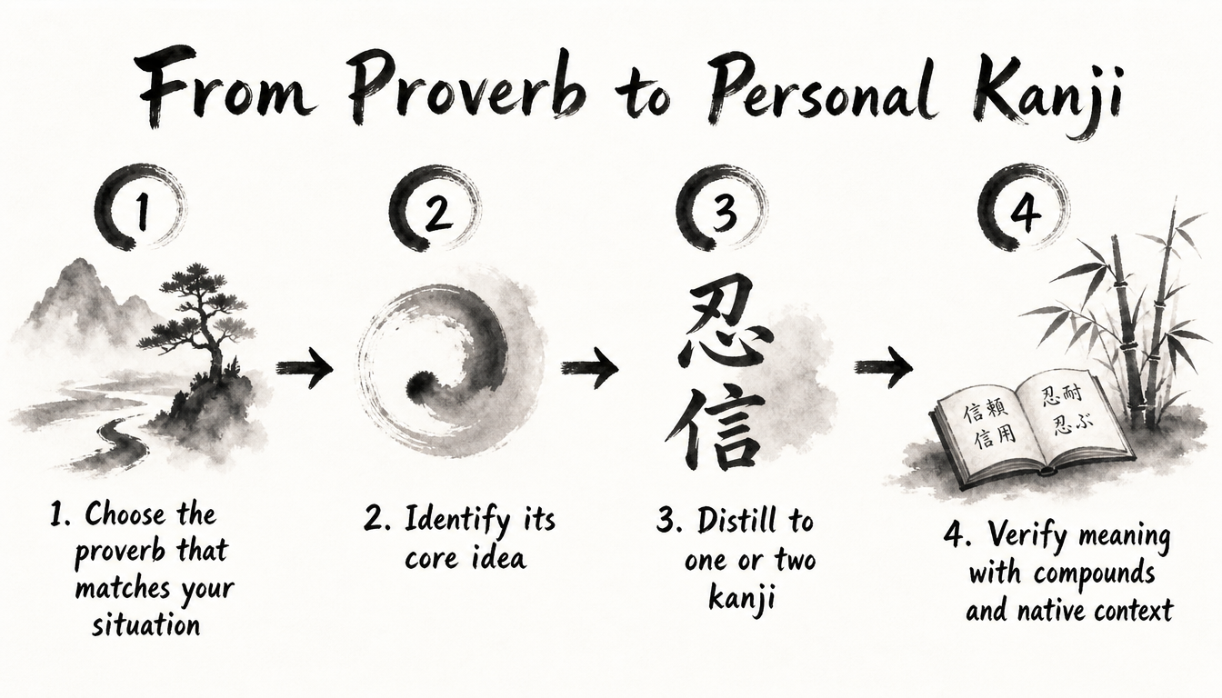 Process diagram showing how to turn japanese proverbs into a single meaningful kanji