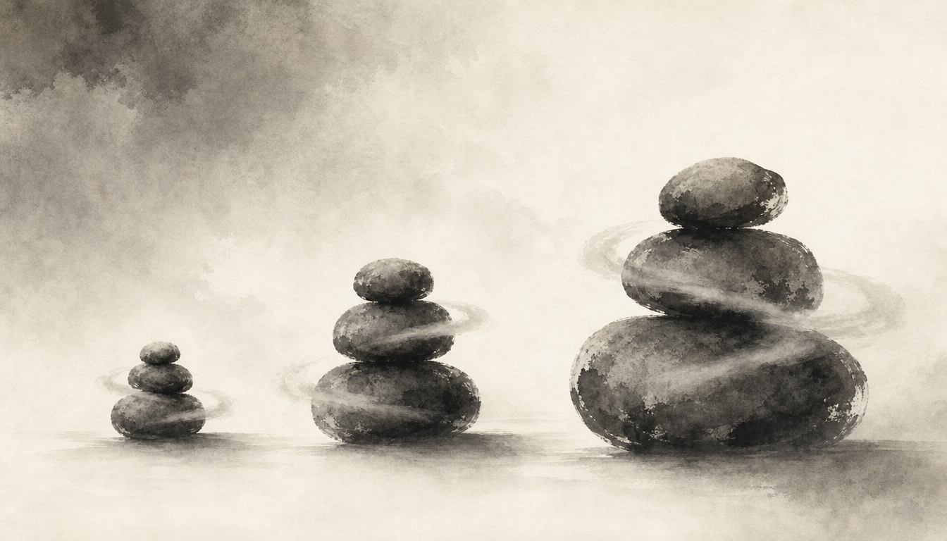 Three stones in sumi-e style symbolizing three essential japanese proverbs