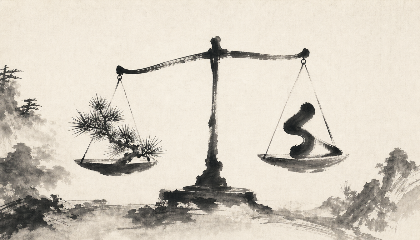 Sumi-e balance scales illustrating how japanese proverbs were selected and ranked