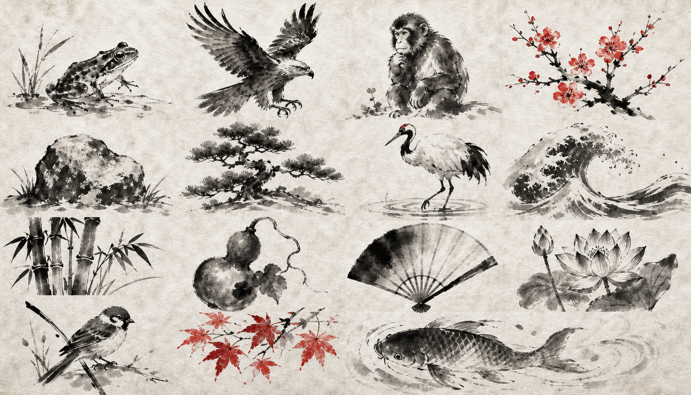 Grid of sumi-e motifs representing sixteen japanese proverbs at a glance