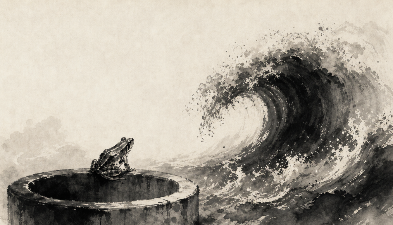 Sumi-e frog and ocean wave depicting a classic japanese proverb about limited perspective