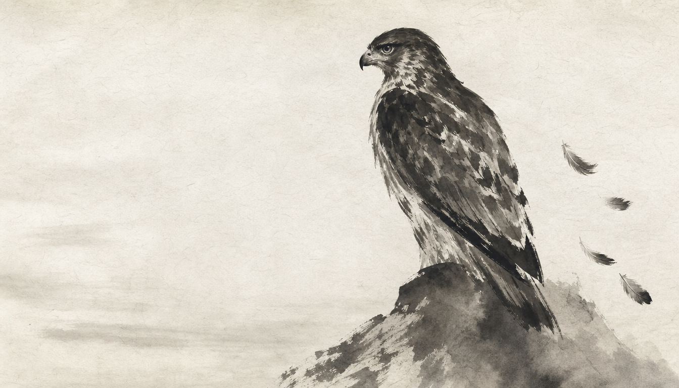 Sumi-e hawk hiding its talons, illustrating japanese proverbs about quiet competence