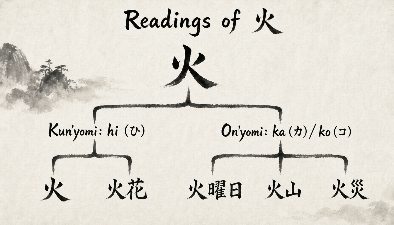 Hierarchy of kanji hi, fire kanji, hi meaning, japanese fire symbol readings