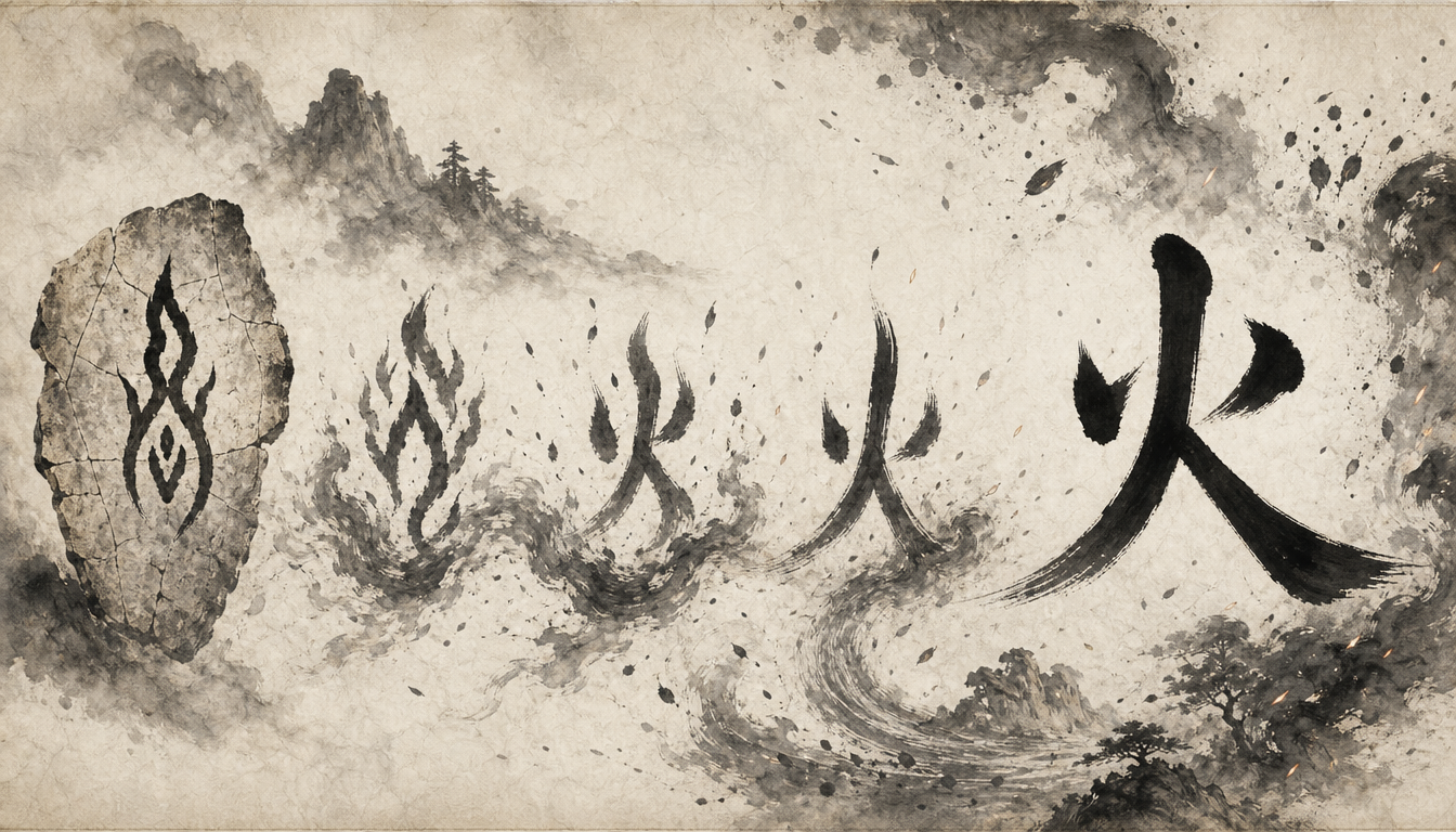 Evolution of the kanji hi, fire kanji, hi meaning, japanese fire symbol from oracle bone