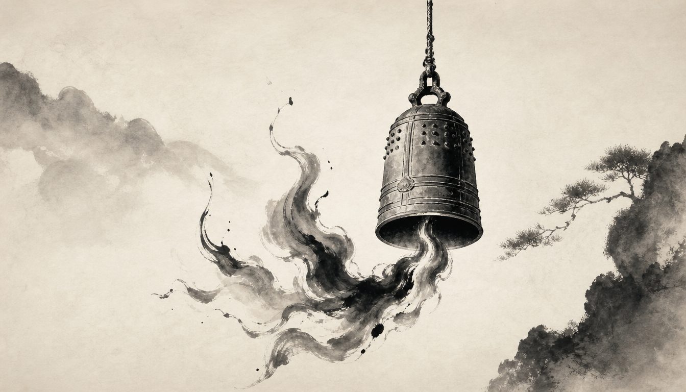 Bell with flame symbolizing readings of kanji hi, fire kanji, hi meaning, japanese fire symbol