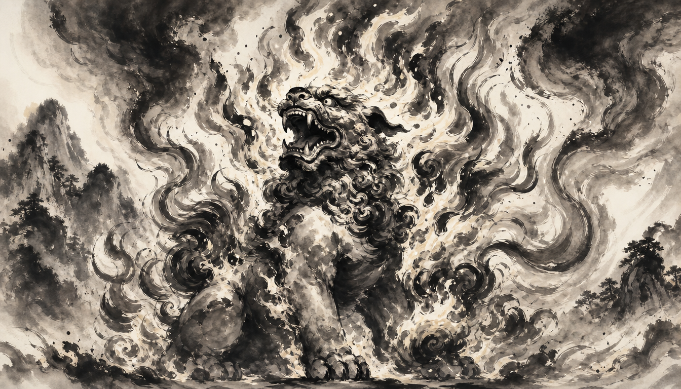 Lion-dog with fire halo embodying kanji hi, fire kanji, hi meaning, japanese fire symbol