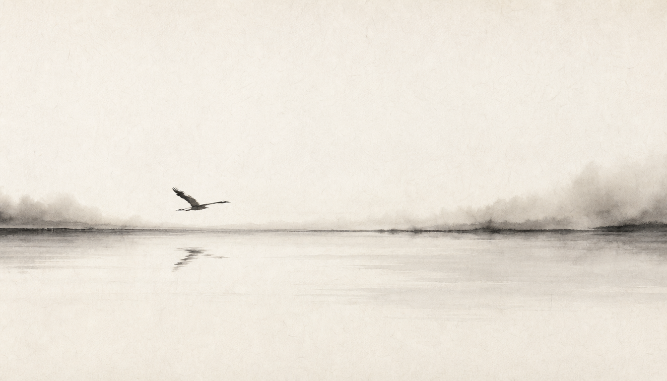 Flat calm horizon in sumi-e style symbolizing the kanji for peace 平