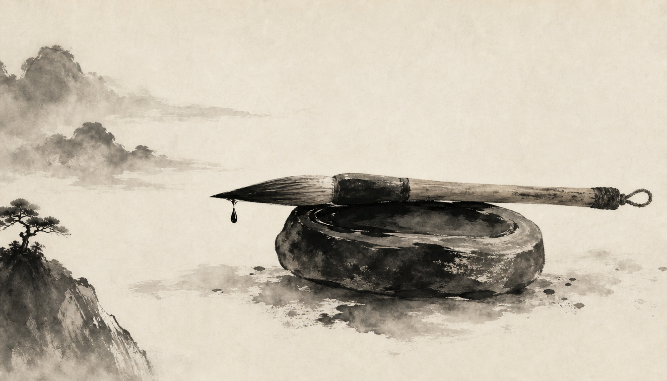 Calligraphy brush and inkstone representing readings of the kanji for peace 平