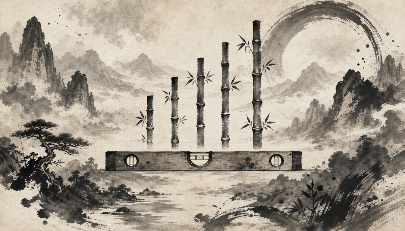 Bamboo and level in sumi-e illustrating stroke order of the kanji for peace 平