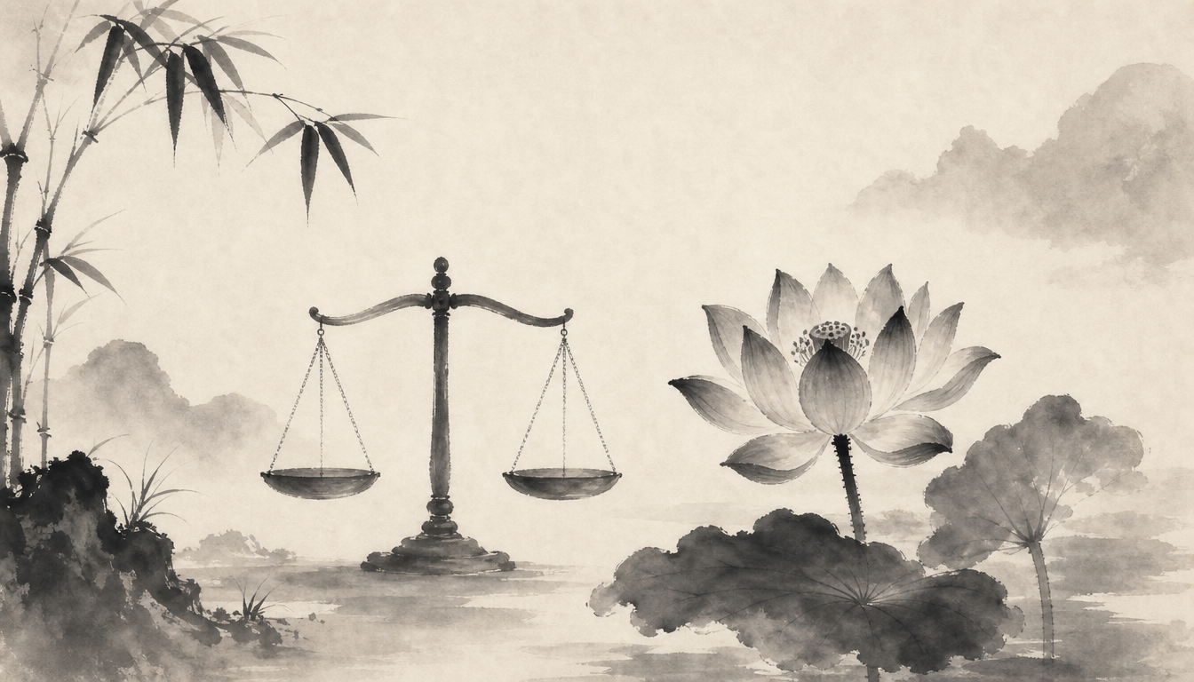 Balanced scale and lotus contrasting the kanji for peace 平 with harmony