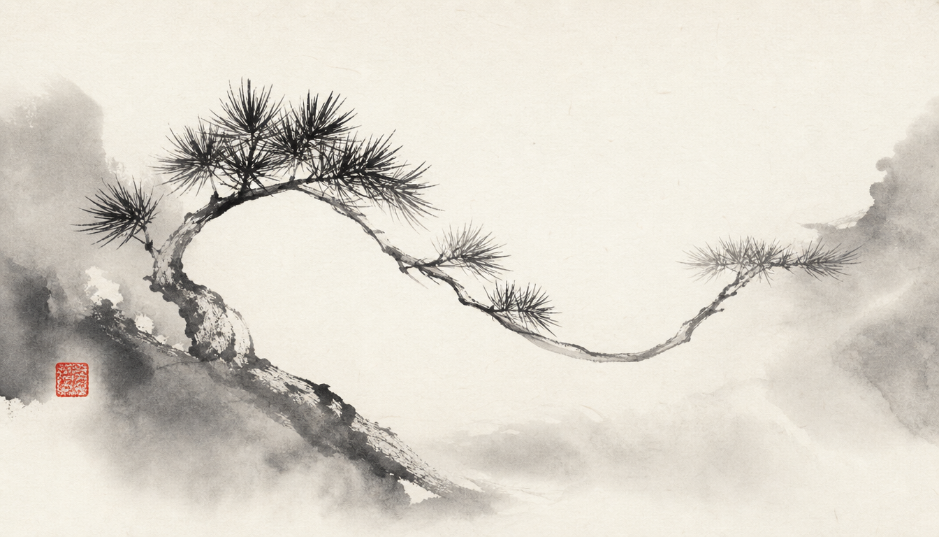 Pine branch tattoo motif evoking the kanji for peace 平 as personal symbol