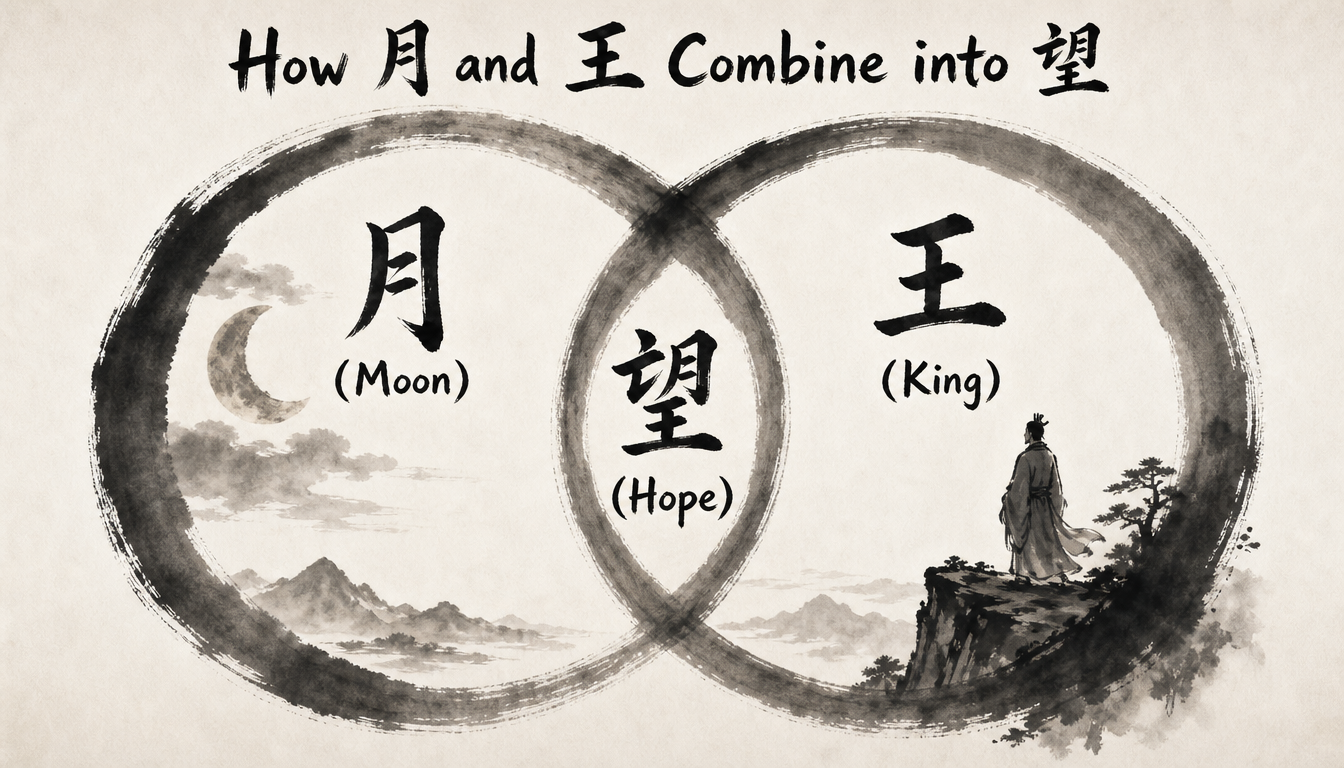 Venn diagram showing moon and king elements forming the kanji nozomi hope character 望