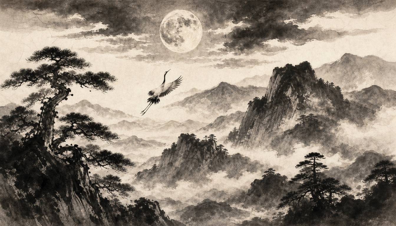 Moon over layered mountains illustrating the etymology of the kanji nozomi hope character