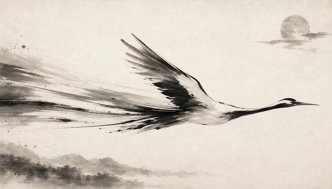 Crane in swift flight evoking the Nozomi hope kanji reading and forward motion