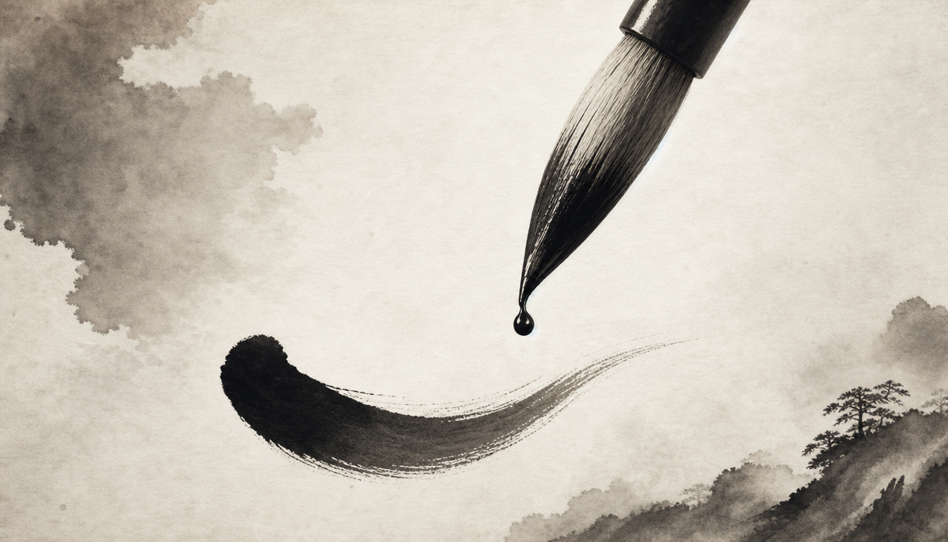 Calligraphy brush forming a careful stroke of the kanji nozomi hope character
